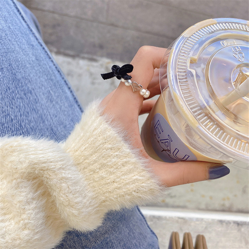 Nhẫn Nhung Đen Đính Ngọc Trai Hình Nơ Sang Trọng Thanh Lịch Cho Nữ