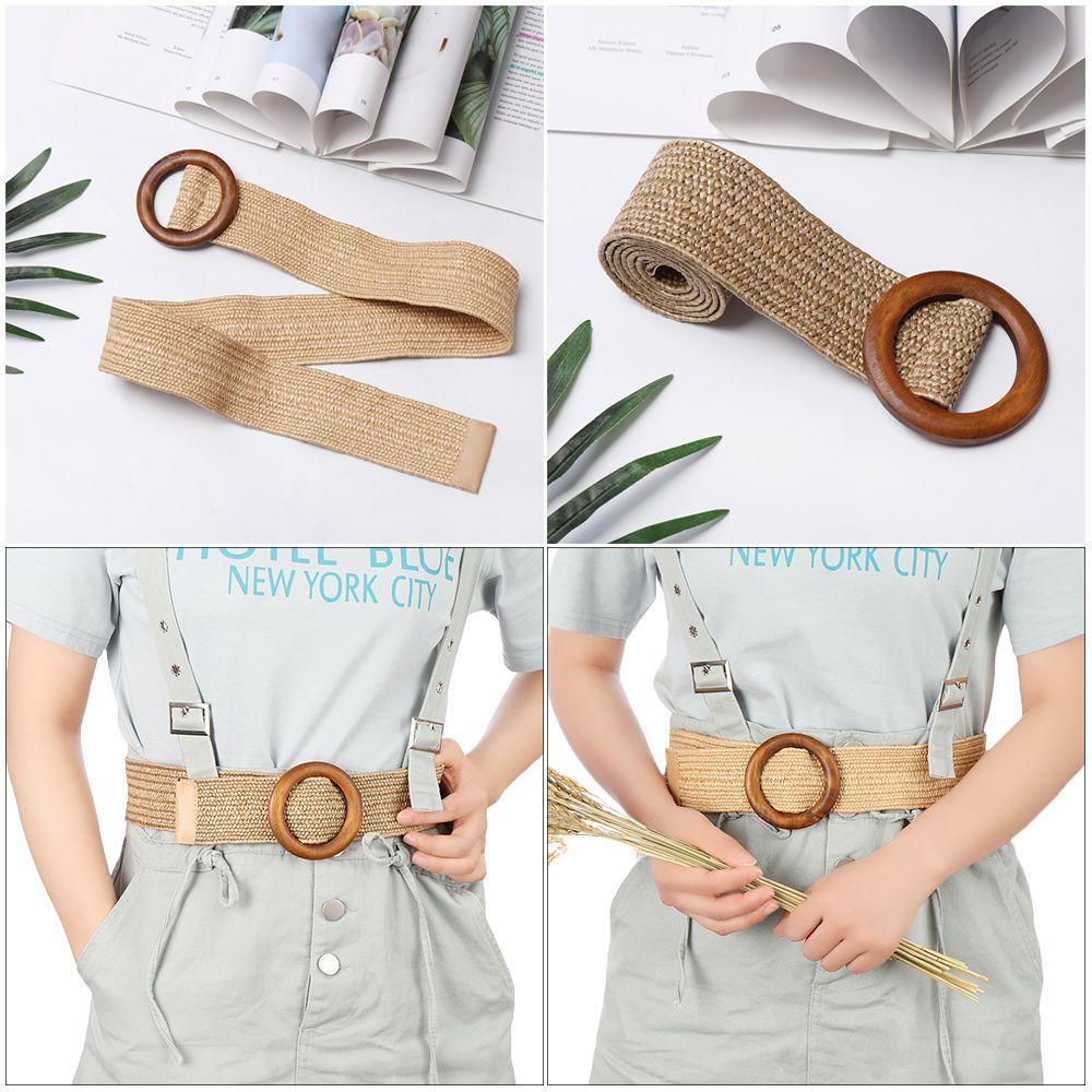 Thắt Lưng Bằng Rơm Co Giãn Mặt Gỗ Tròn Thời Trang Cho Nữ