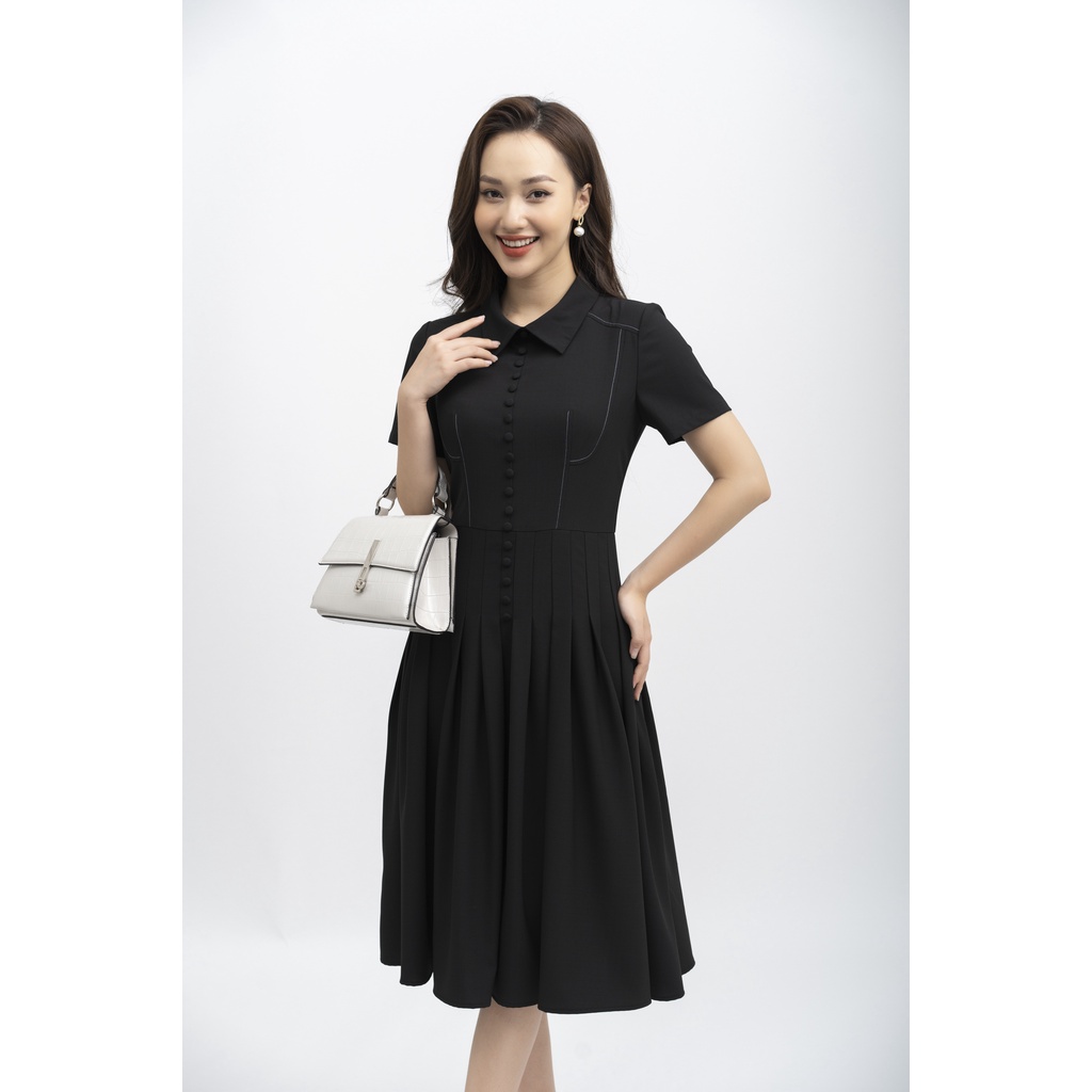 Đẩm xòe công sở cổ đức, váy thiết kế thanh lịch đính cúc bọc trang trí, Đen FIONA F452272