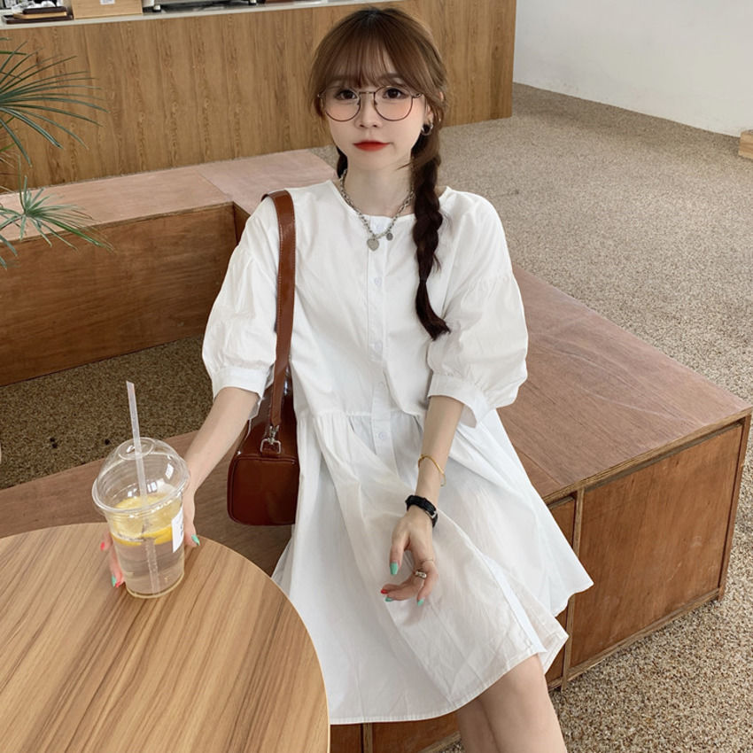 Đầm Búp Bê Một Mảnh Tay Lửng Dáng Rộng Cài Khuy + Áo Sơ Mi Dài Vừa Phải + Khăn Choàng Thời Trang Cho Nữ