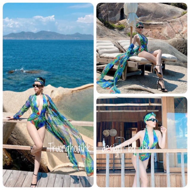 SET MONOKINI KHOÉT 3 MÓN KÈM ÁO CHOÀNG HOẠ TIẾT NHIỆT ĐỚI XANH