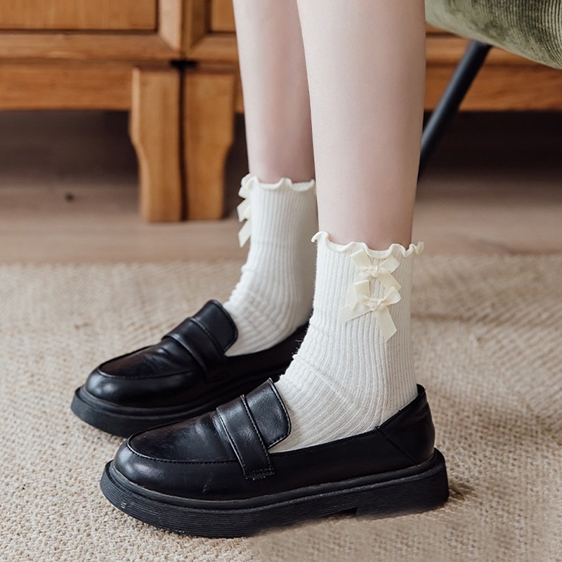 Tất bèo nơ nhí đôi lolita tiểu thư Hàn Quốc chất len đẹp trắng đen be nữ nhiều màu