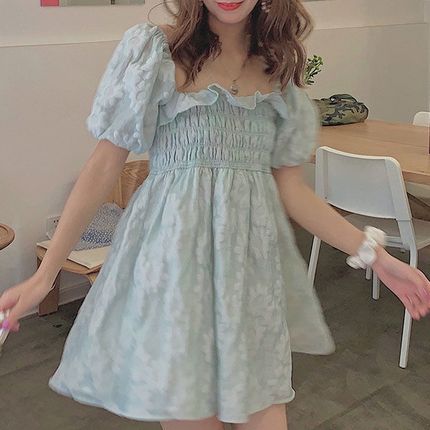 AMOI Đầm Ngắn Trễ Vai Tay Phồng Dễ Thương Dành Cho Nữ
