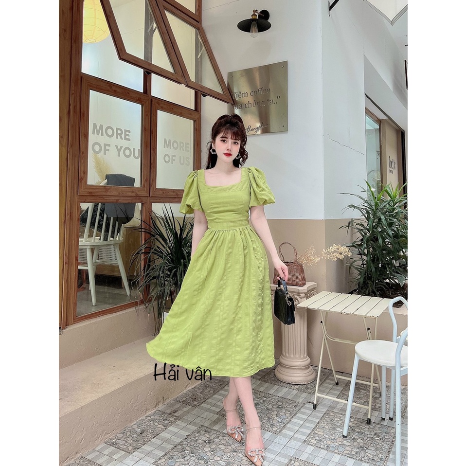 Váy Khoét Lưng Thắt Nơ Cổ, Đầm Tay Phồng Dáng Xòe Thiết Kế 2 Lớp Có 3 Màu Trắng, Hồng, Xanh Cốm