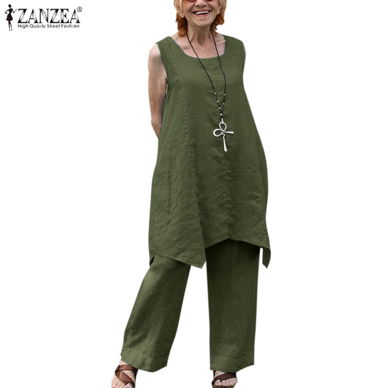 Zanzea Bộ Áo Cotton Sát Nách + Quần ống rộng Lưng Thun Thời Trang Châu Âu Cho Nữ