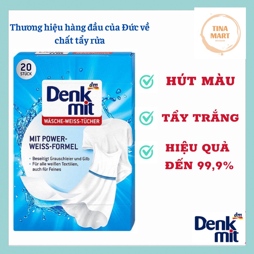 Giấy tẩy trắng quần áo Denkmit giúp tăng độ trắng sáng hộp 20 miếng - hàng chính hãng  nội địa Đức