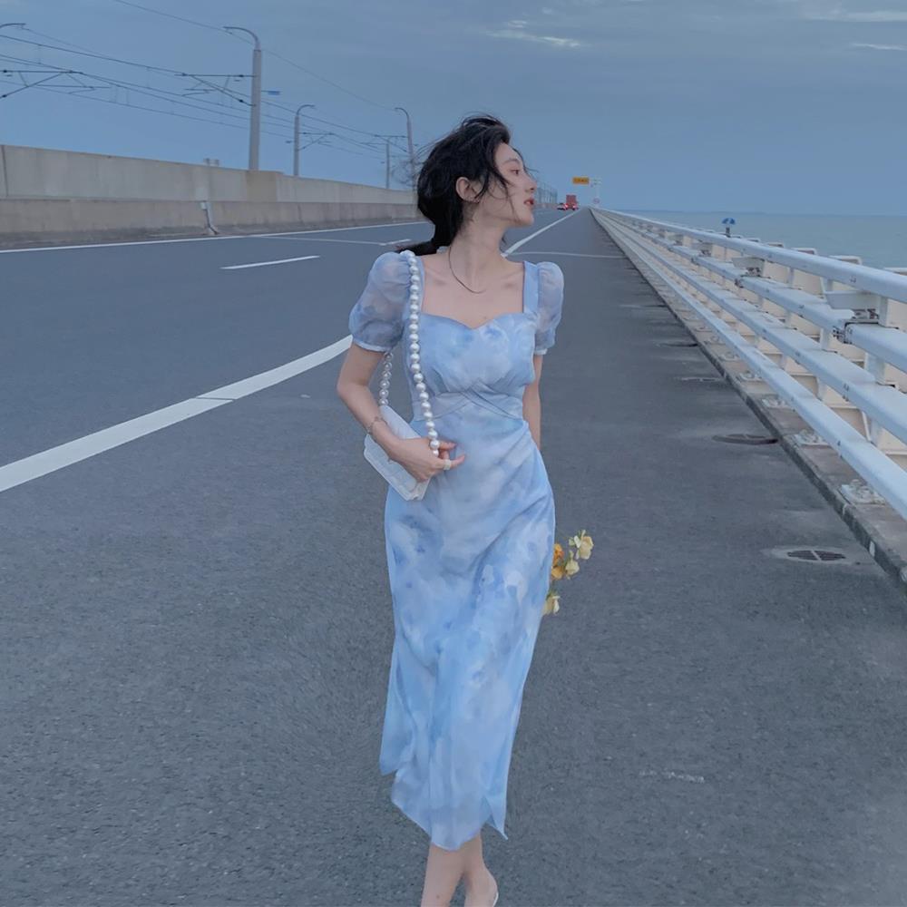 Đầm Dài Tay Phồng In Họa Tiết Thời Trang Mùa Hè Pháp Sang Trọng