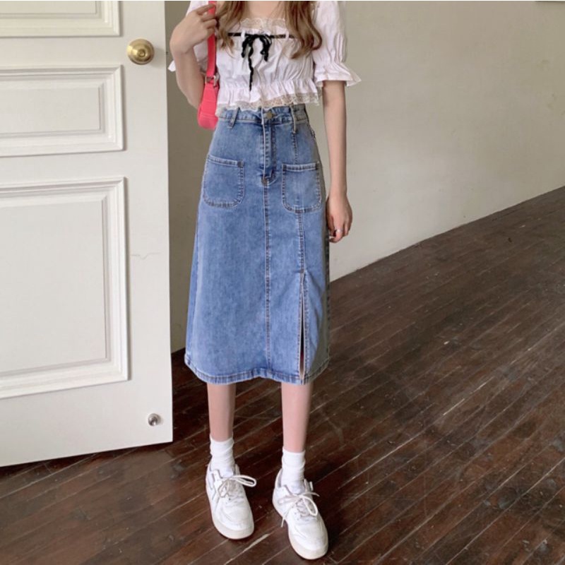 Chân Váy Jeans Dáng Dài Cạp Cao Xẻ Gấu Phong Cách Ulzzang C3