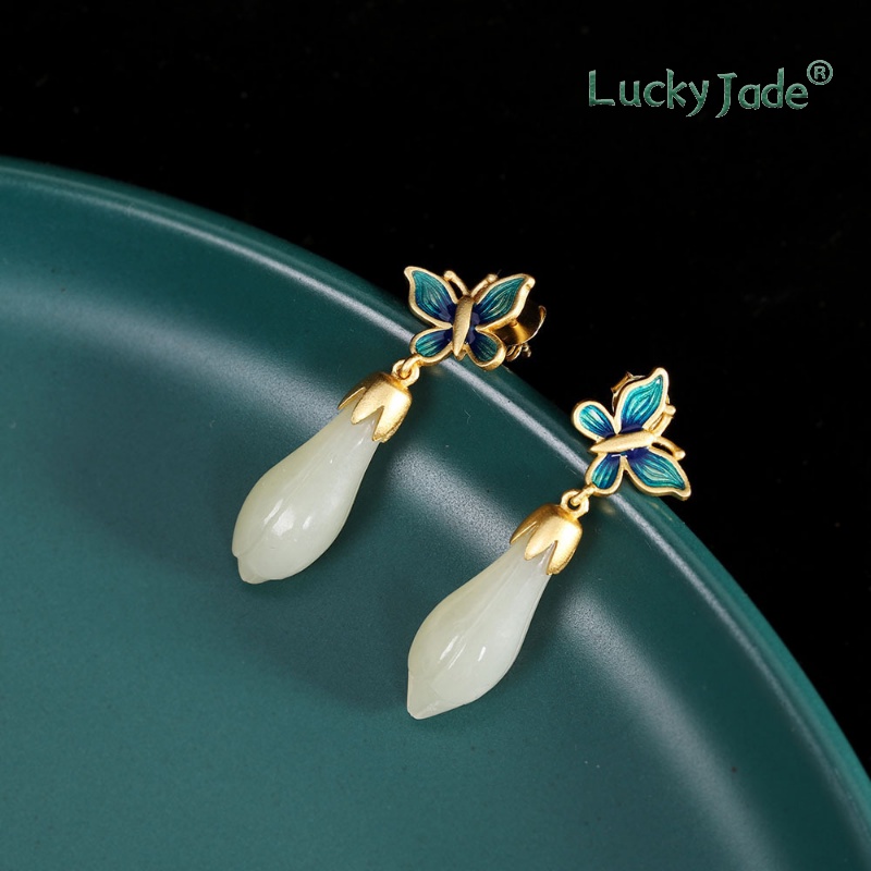 Bông Tai Mạ Vàng 18K Đính Ngọc Bích Trắng Phong Cách Trung Quốc