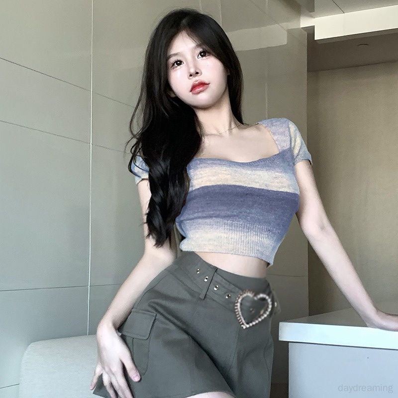 Áo Thun Croptop Dệt Kim Tay Ngắn Cổ Vuông Dáng Ôm Phong Cách Hàn Quốc Cho Nữ