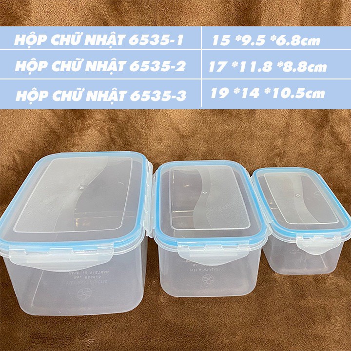 Bộ 3 hộp bảo quản thực phẩm có khóa gài Việt Nhật (MS: 6535) - Hộp nhựa chữ nhật đựng thức ăn an toàn, tiện dụng Br01433