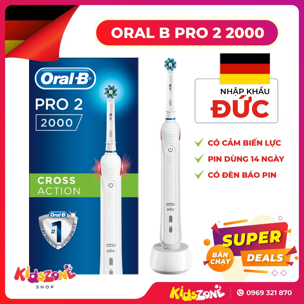 Bàn Chải Máy Đánh Răng Điện Oral-B Pro 2 2000 Chính Hãng, Nhập Khẩu Từ Đức, Pin Dùng 14 Ngày [Bảo Hành 6 Tháng]