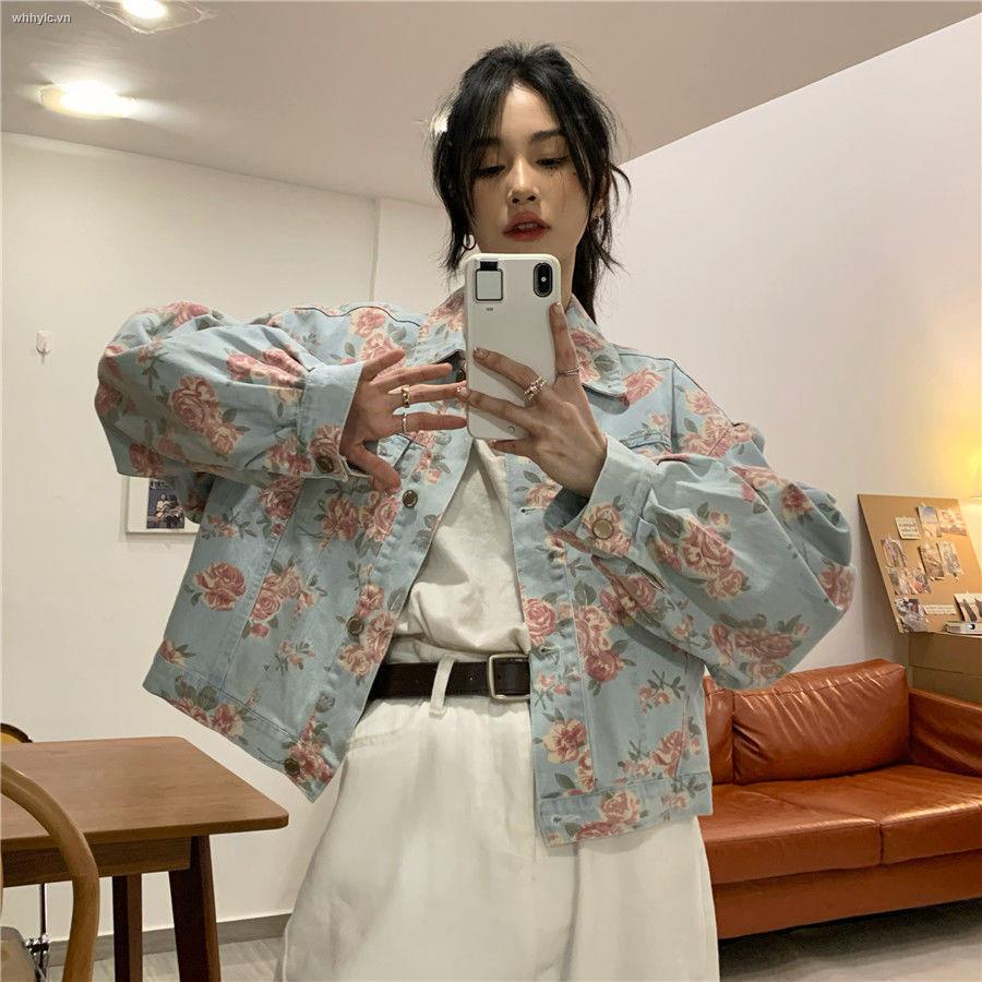 Honypove Áo khoác denim in hình hoa hồng/ Áo không tay phong cách retro thời trang mùa thu mẫu mới 2021