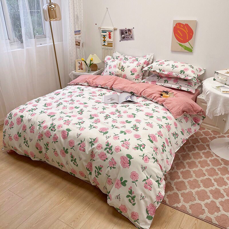 Bộ chăn ga gối Poly Hàn Quốc hoa hồng lãng mạn (Tặng vỏ gối ôm) - Miễn phí bo chun