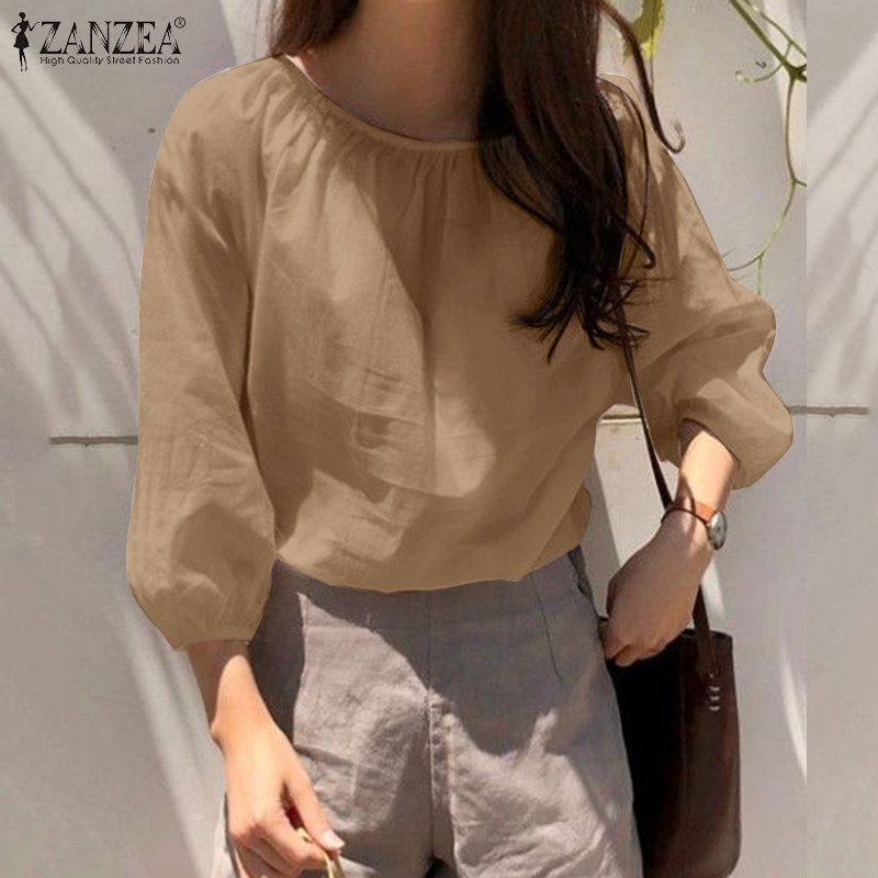 Zanzea Áo Kiểu Tay Phồng 3 / 4 Cổ Tròn Xếp Ly Thời Trang Đường Phố Thanh Lịch Cho Nữ