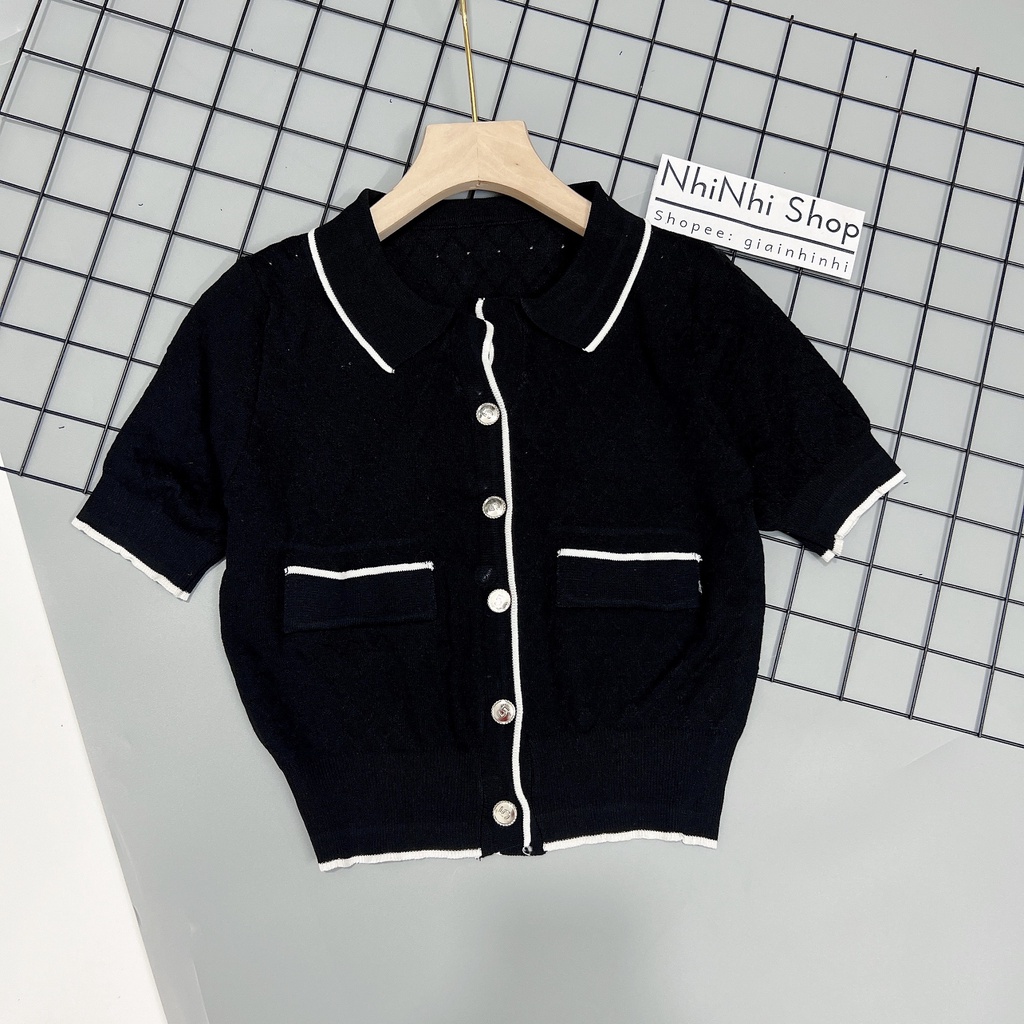 Áo len mỏng cổ sen viền túi, Áo kiểu cổ bẻ cài cúc ngắn tay AL9123 -NhiNhi Shop