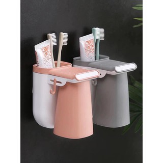 Ống đựng bàn chải đánh răng, kem đánh răng kèm 2 móc treo đồ xinh xắn (Kèm cốc hút nam châm hiện đại)