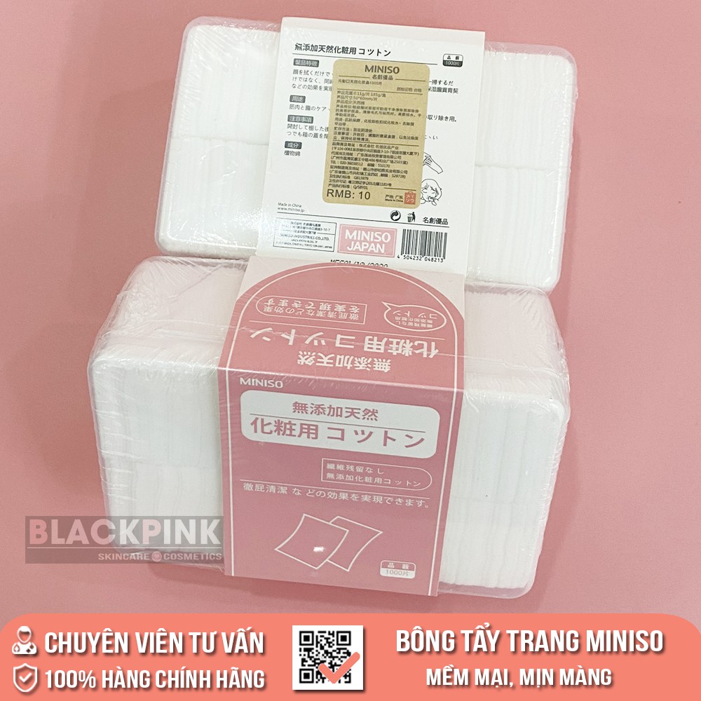 Hộp Bông Tẩy Trang Miniso 1000 Miếng, 100% cotton nhập khẩu từ Nhật Bản đặc tính mềm mại, đặc biệt không gây kích ứng da