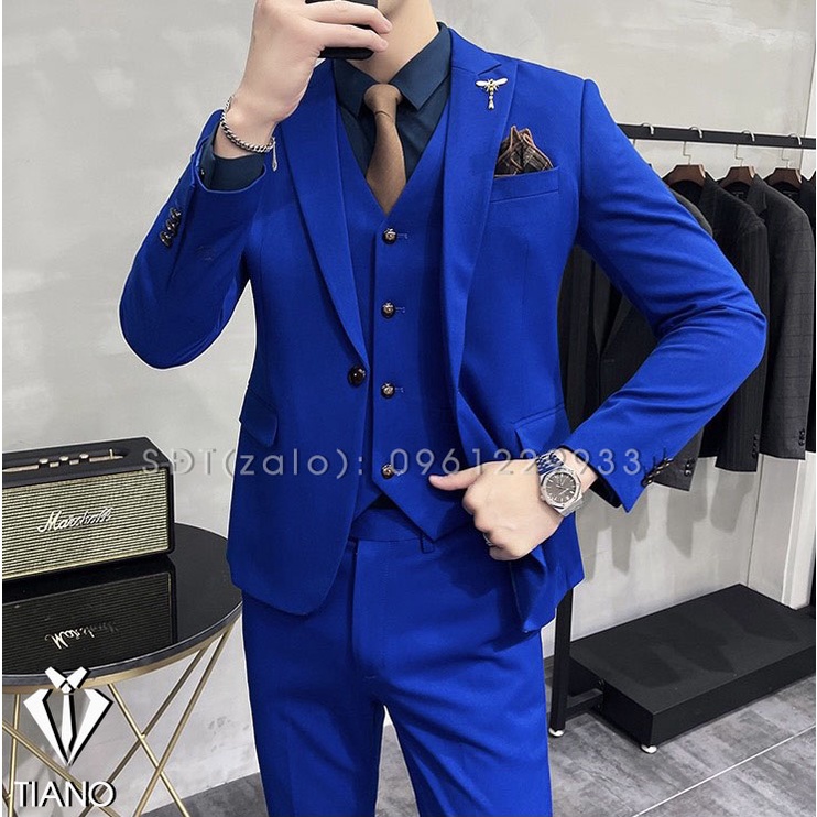 Bộ Vest nam form ôm body màu Xanh Coban chất vải dày mịn co giãn nhẹ, form ôm đẹp. Suit Nam Cao Cấp - TIANO STORE