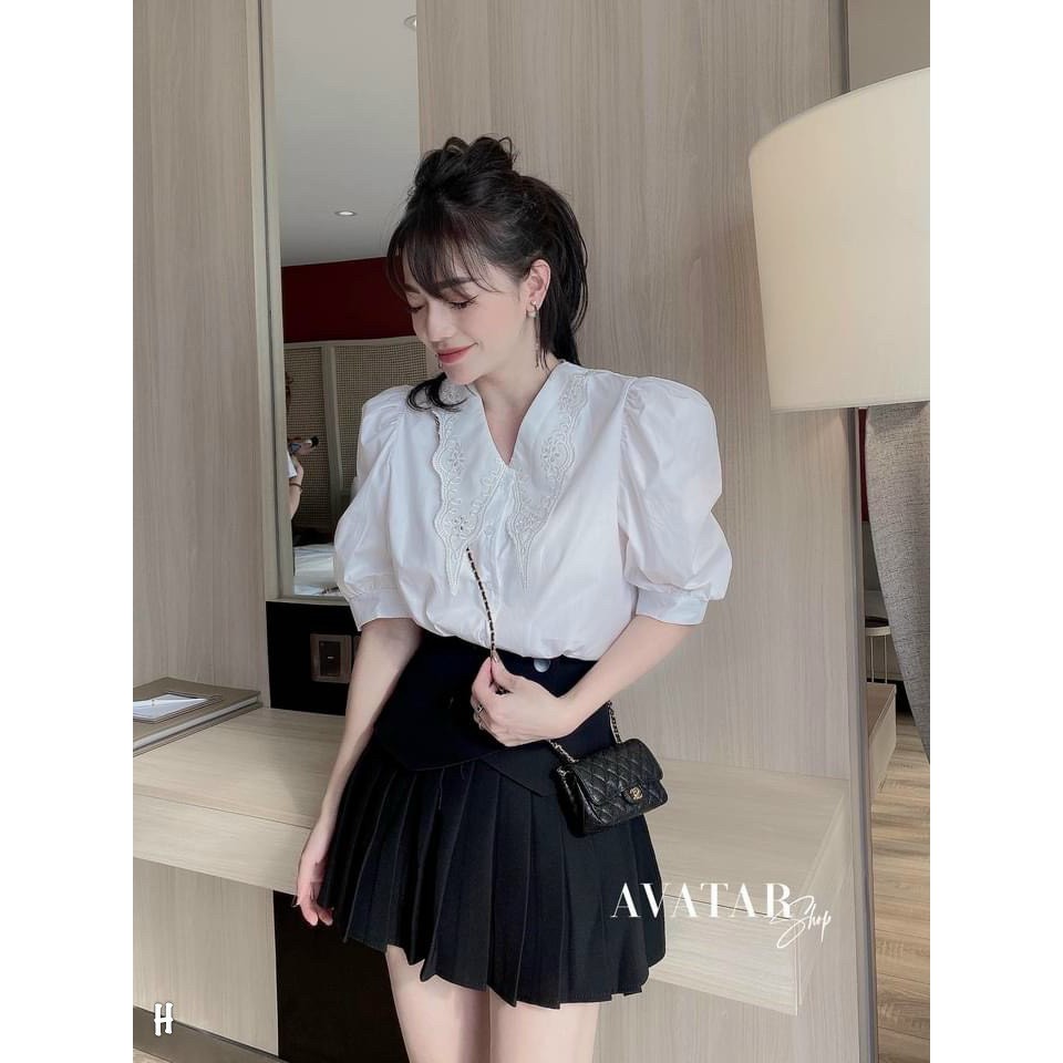 Aó sơ mi thô trắng cổ ren lá nhọn tay bồng xinh xắn | BigBuy360 - bigbuy360.vn