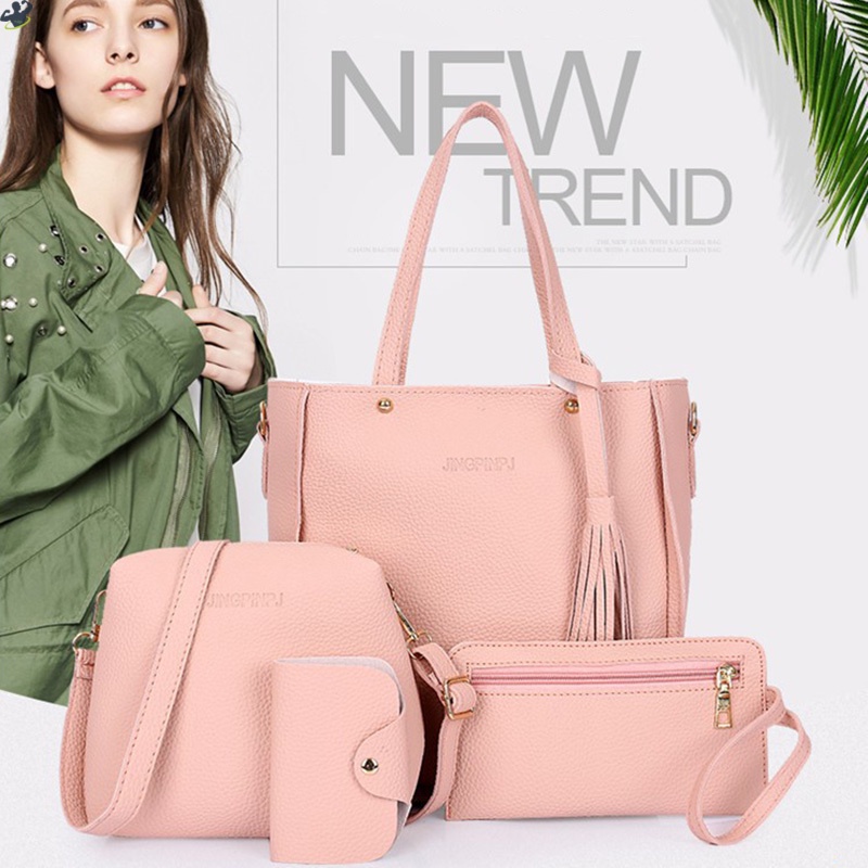 Bộ Túi Xách Màu Trơn + Ví Cầm Tay + Ngăn Đựng Thẻ Màu Trơn Thời Trang Cho Nữ