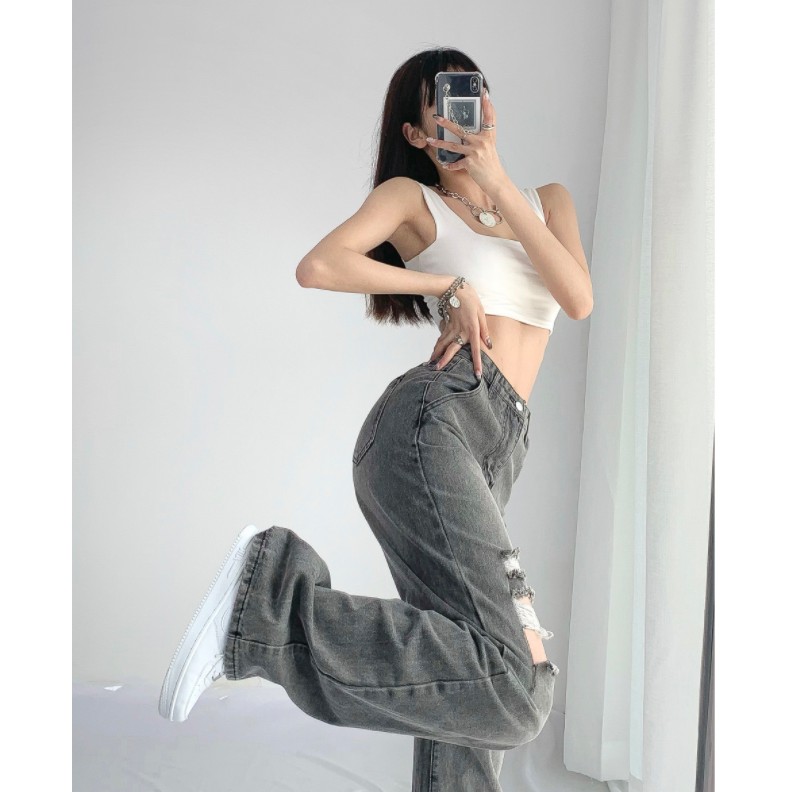Quần Jean Dài Ống Rộng Rách Gối Màu Khói Phong Cách Âu Mỹ Thời Trang Mùa Hè Mới Cho Nữ 2021