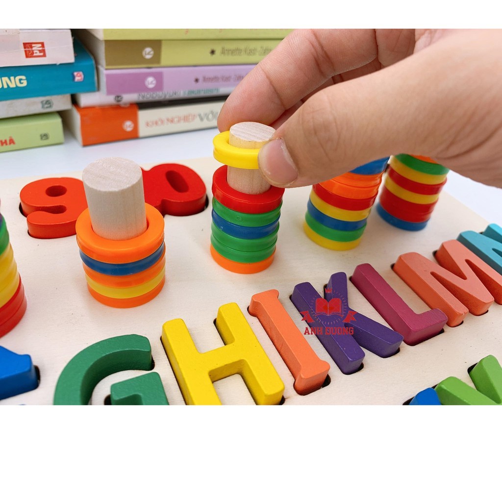 BẢNG THẢ CỌC CỘT TÍNH, SỐ, CHỮ CÁI TIẾNG VIỆT BẰNG GỖ CHO BÉ - GIÁO CỤ MONTESSORI