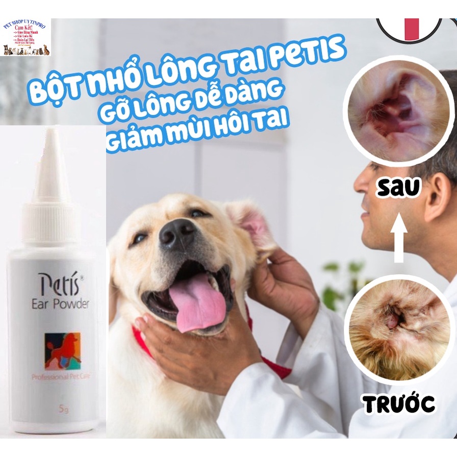 Bột nhổ lông tai Chó Mèo Pet Thú Cưng Petis Ear powder chai 5g Giúp nhổ lông dễ dàng, Làm sạch tai, Giảm mùi hôi tai