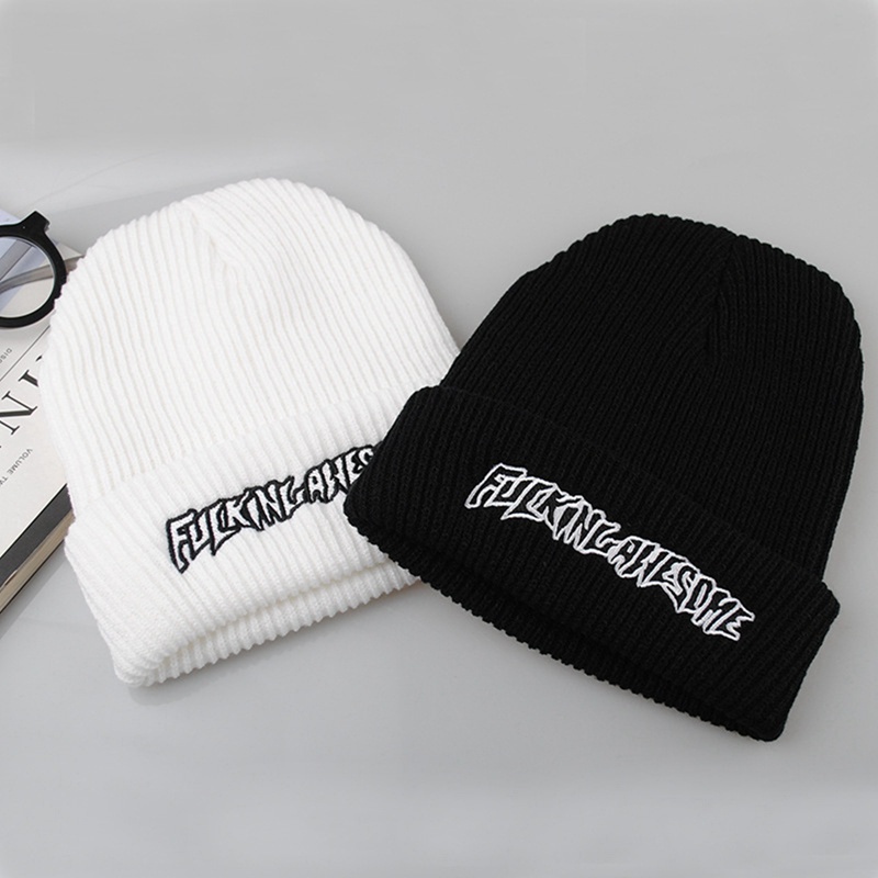 Nón len trùm đầu thêu hình đầu lâu phong cách hip hop màu trắng đen