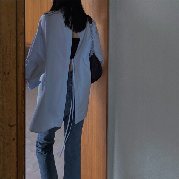 Áo Sơ Mi Dài Tay Hở Lưng Buộc Dây Meo Slit Shirt LOOKNONE