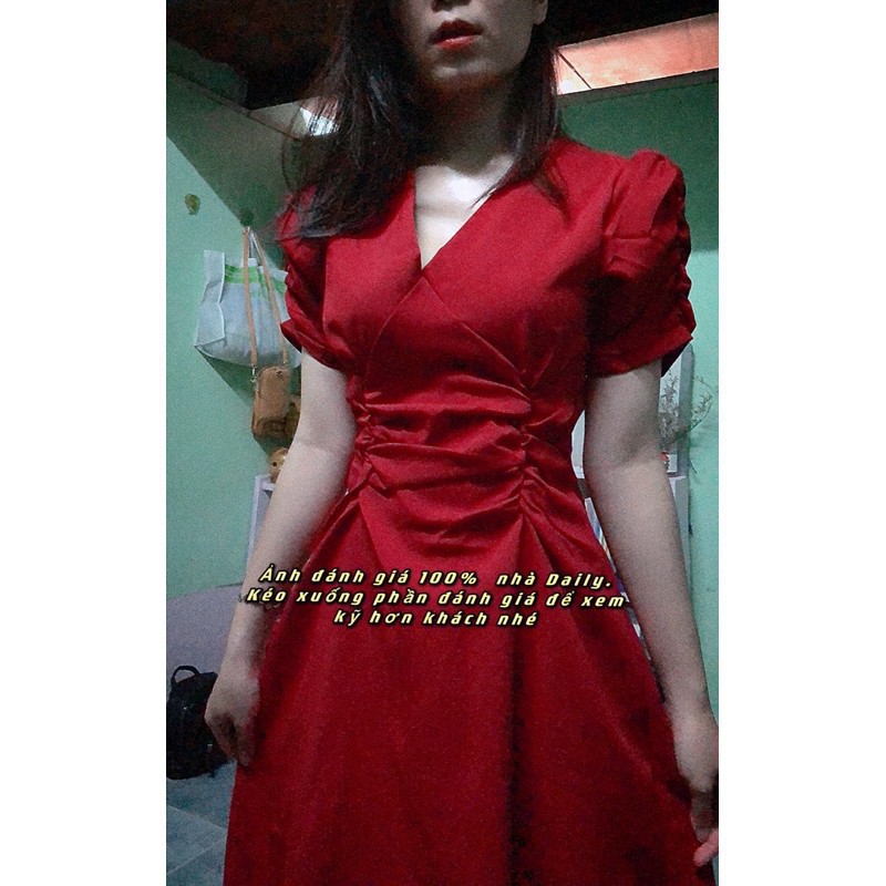 [ẢNH THẬT + VIDEO] Đầm nữ dáng dài tay phồng cổ chữ V nhún eo | BigBuy360 - bigbuy360.vn