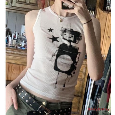 Áo Quấn Ngực Cổ Tròn Không Tay In Hoạt Hình Robot Y2K Dành Cho Nữ