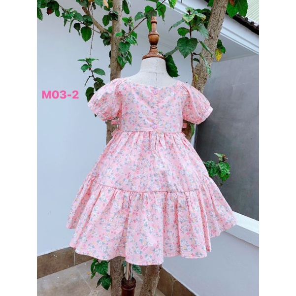 Đầm bé gái tiểu thư vải thô hoa đính nơ xinh xắn 10-38kg