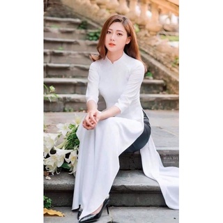 Siêu đẹp áo dài trơn trắng kem kèm quần cùng chất áo