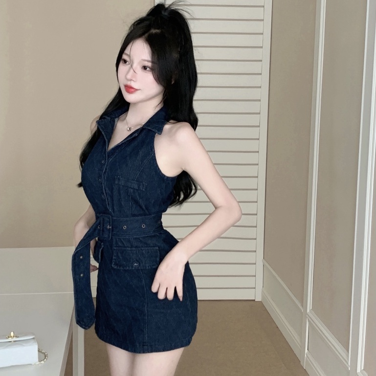 Đầm Denim Không Tay Cổ Bẻ Phong Cách Hàn Quốc Thời Trang Mùa Hè Mới Cho Nữ