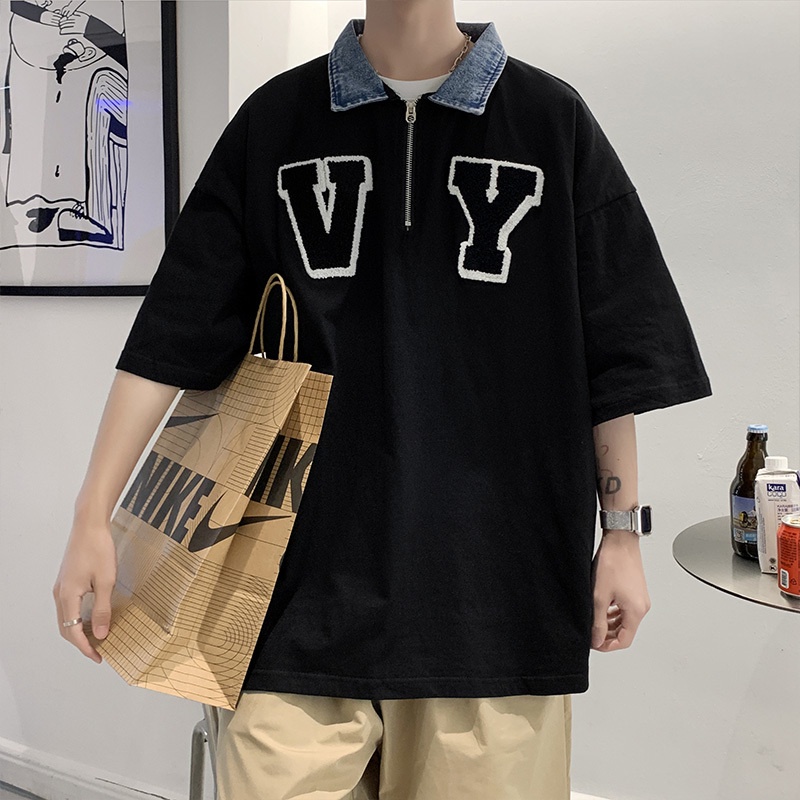 Áo polo Ngắn Tay Phối Denim Phong Cách Hàn Quốc Dành Cho Cặp Đôi