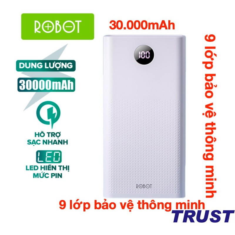 Pin Sạc Dự Phòng 30000mAh ROBOT RT30 - Sạc Nhanh PD/QC 3.0 - Công Suất 22.5W 5A - 2 Input &amp; 3 Output