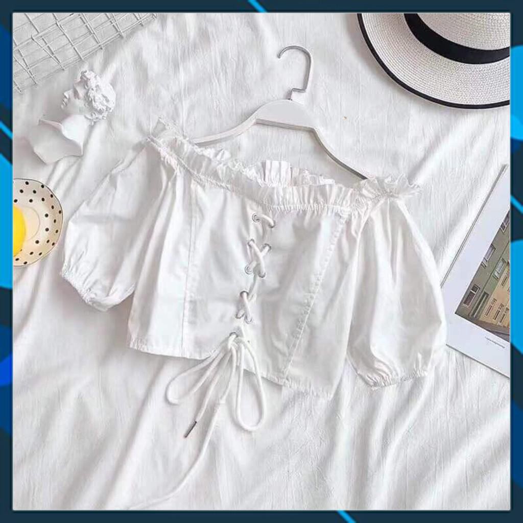1125A24B1 Áo trễ vai croptop tay lỡ đan dây trước dễ thương