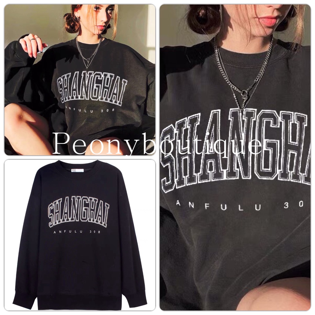 Áo Sweater Shanghai Bo Tăm PEONYB Nữ [FREESHIP]  Nỉ tay bồng form rộng in chữ to có tính Ulzzang
