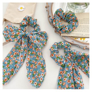 Scrunchie Cột Tóc Vải Xanh Dương Hoa Cúc Retro 3 Kiểu Xinh