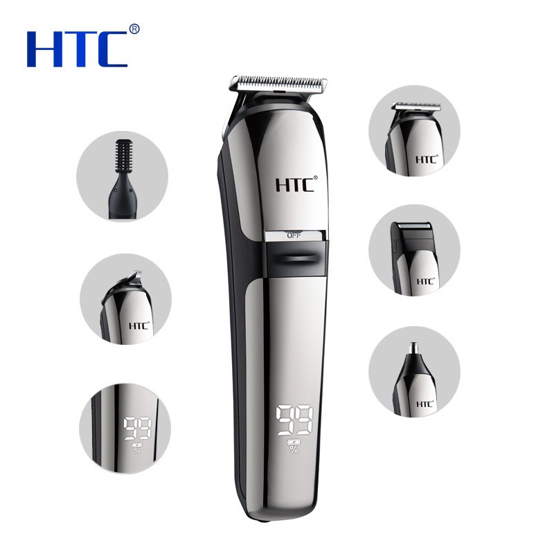 Tông đơ cắt tóc, cạo râu kiêm chấn viền chính hãng HTC, sạc pin USB, màn hiển thị LCD, tặng kèm 8 phụ kiện