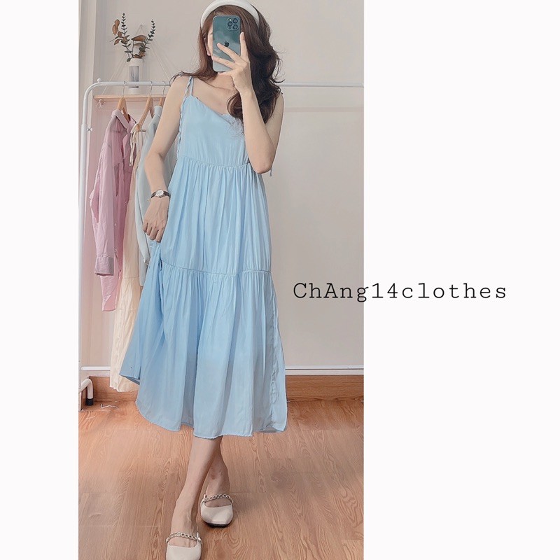 Váy 2 dây dáng babydoll 2 lớp chất đũi lụa 4 màu trắng xanh be đen