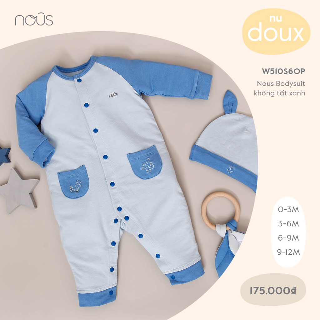 Bộ Bodysuit Không Tất Màu Xanh Nous Chất Liệu Nu Doux Kháng Khuẩn Mềm Nhẹ (Size từ 0-3 Tháng Đến 9-12 Tháng)