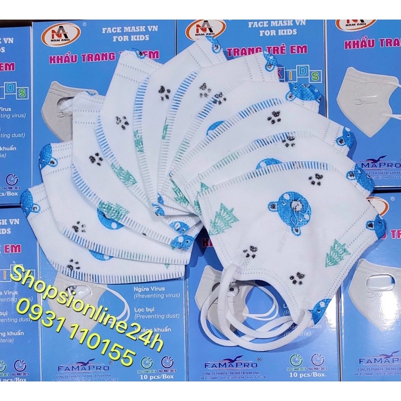 ✅ Hộp 10 khẩu trang y tế 5D mask N95 VN95 Famapro Nam Anh cho bé dưới 6 tuổi hình gấu xanh