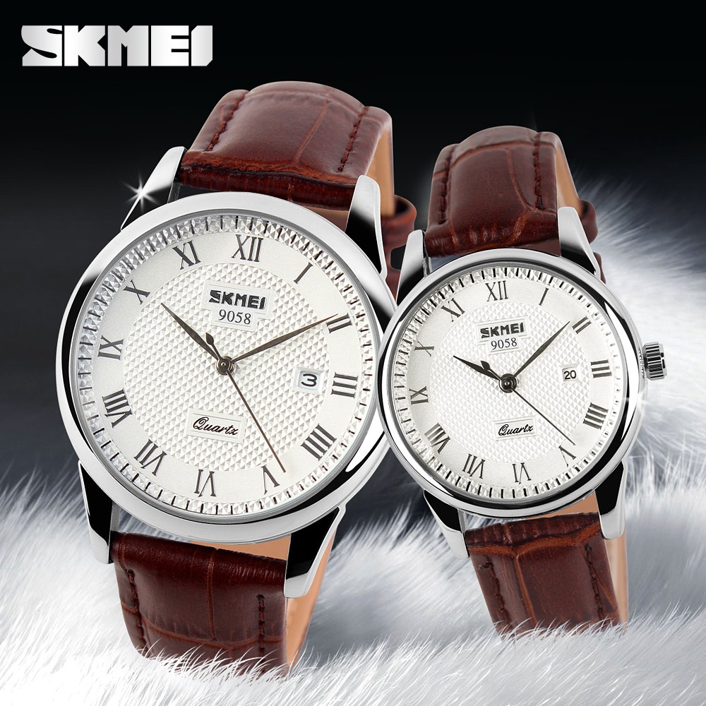 Đồng hồ đeo tay đôi SKMEI 9058 dây đeo da bò chống thấm nước mạnh mẽ hiệu ứng chiếu sáng thời trang cho nam/ nữ