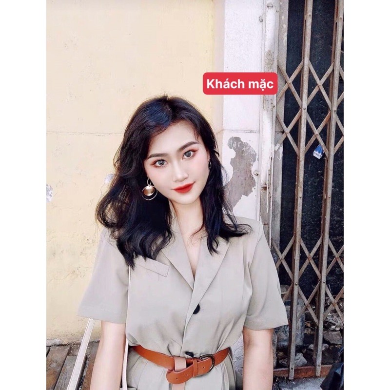 Đầm đũi cổ vest Quảng Châu kèm belt - Đầm cổ vest màu cam chất mát mặc hè