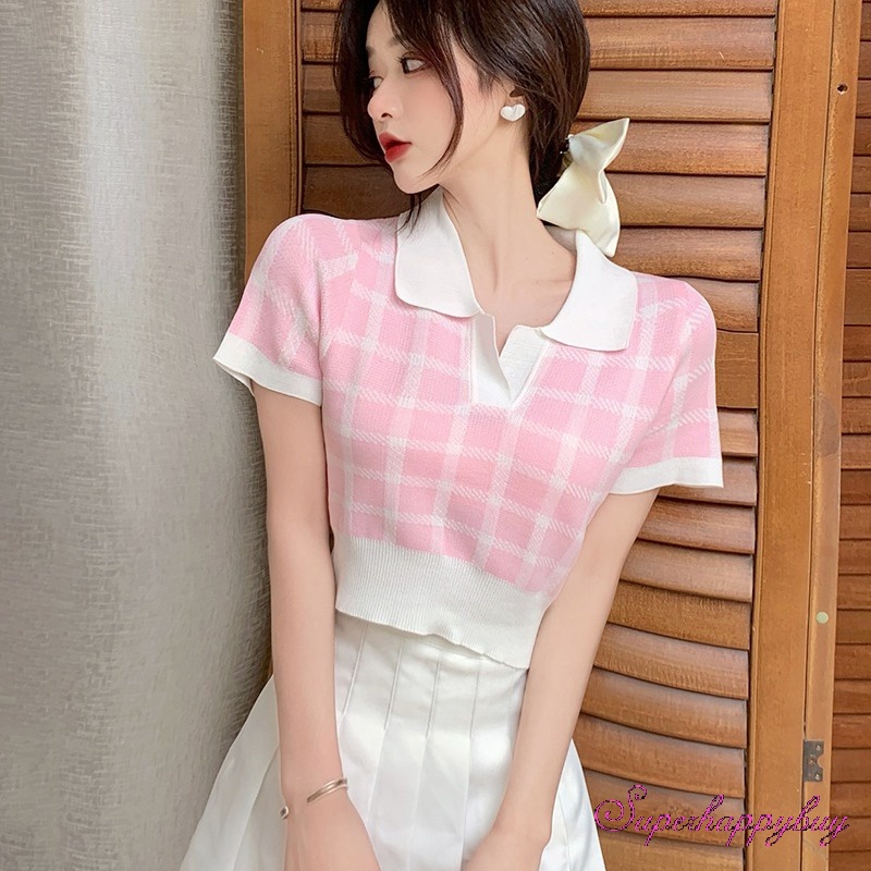 Áo Thun Dệt Kim Ngắn Tay Họa Tiết Sọc Caro Thời Trang Mùa Hè Cho Nữ