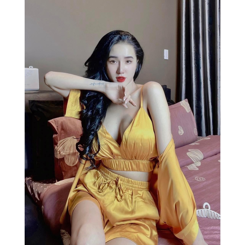 Đồ Ngủ Quần Đùi Áo Bra Có Khoát Sơ Mi Chất Vải Lụa Latin Màu Trơn Thoáng Mát Hàng Cao Cấp
