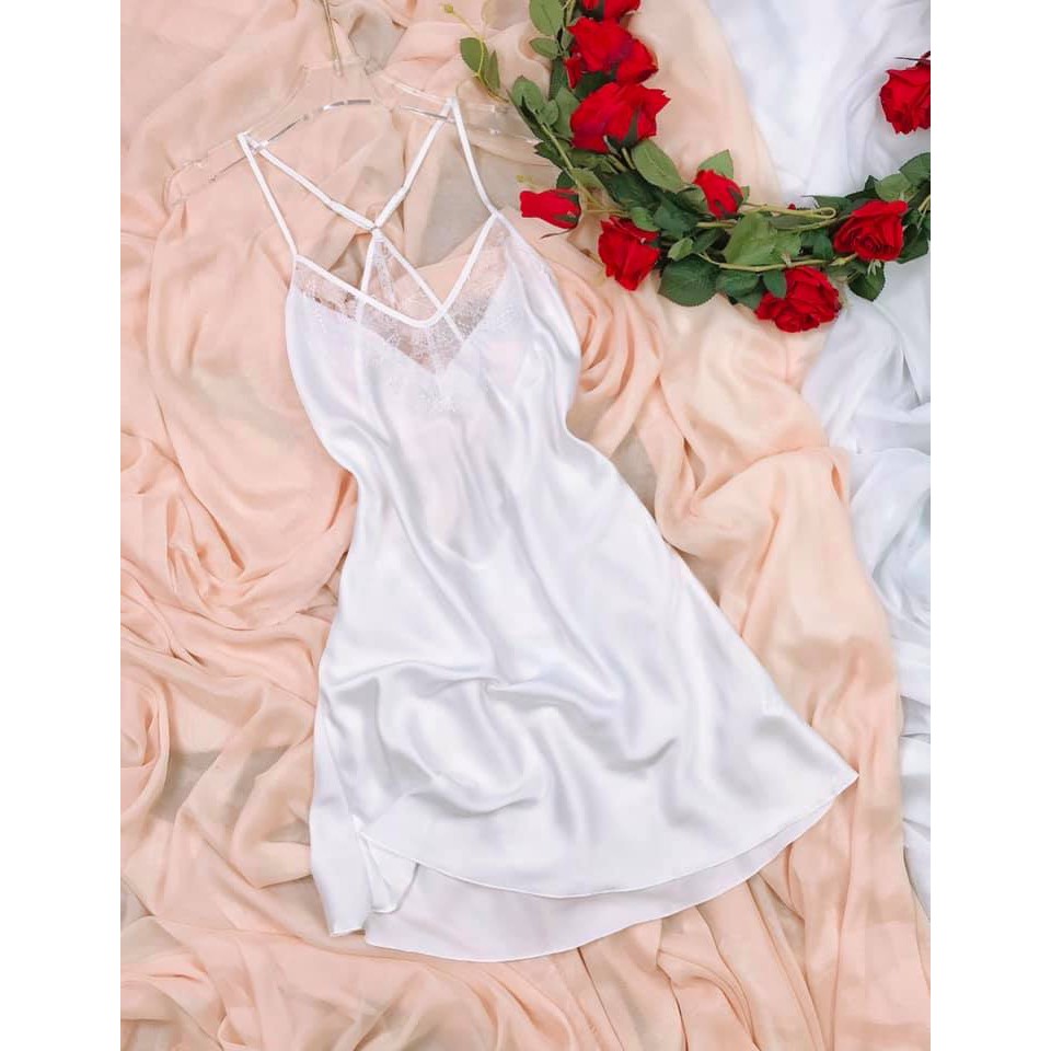 ♥️[Q11.HCM] ♥️[LL190] Đầm ngủ sexy - Váy ngủ satin lụa hai dây hở lưng phối ren cao cấp quyến rũ