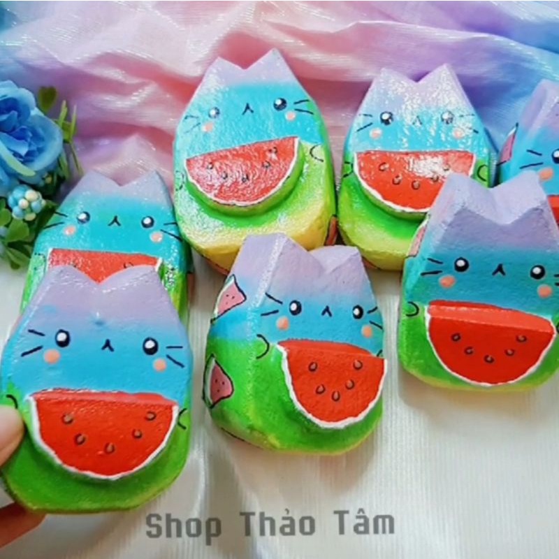 Squishy handmade mèo ôm dưa hấu [Shop Thảo Tâm]